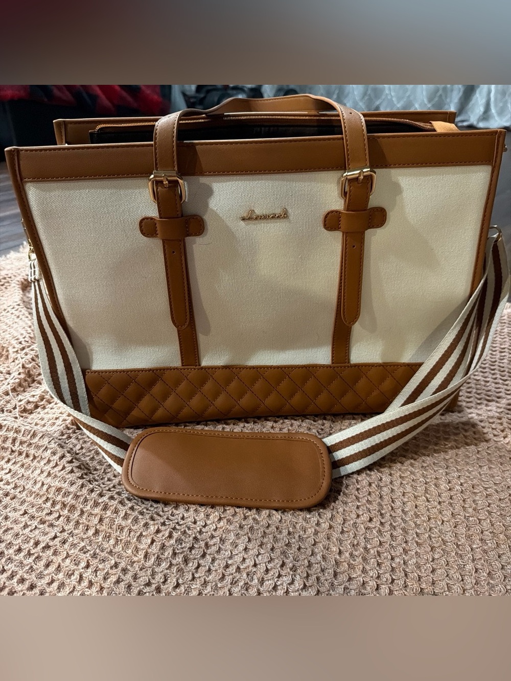 Cream and Tan Quilted Canvas Tote with Striped Shoulder Strap